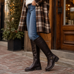 Women's Buckle Riding Boots, Knee High Buckle Boots with Block Heel