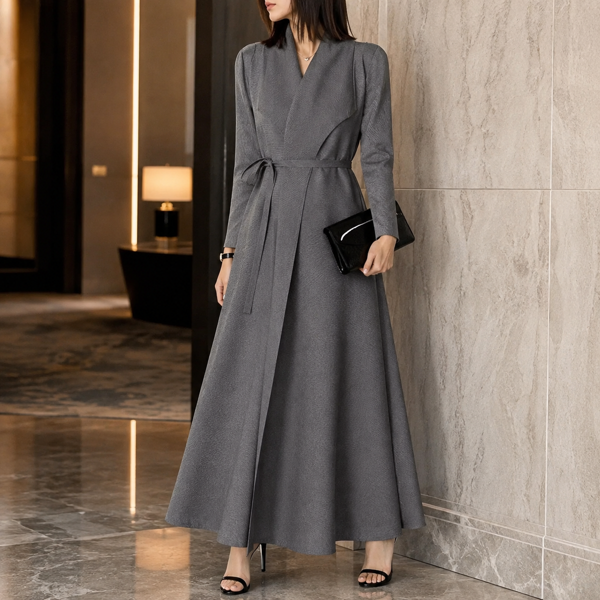 Women's Wrap Maxi Dress, Long Sleeve Belted Fall Maxi Dress