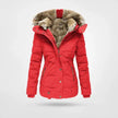 Winter jacket for women in Red, quilted puffer with faux fur hood