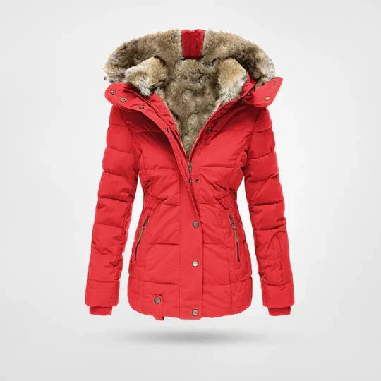 Winter jacket for women in Red, quilted puffer with faux fur hood