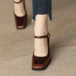 Women's Oxford Heels, Brogue Ankle Strap Block Heels, Square Toe