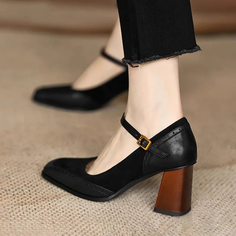 Women's Oxford Heels, Brogue Ankle Strap Block Heels, Square Toe