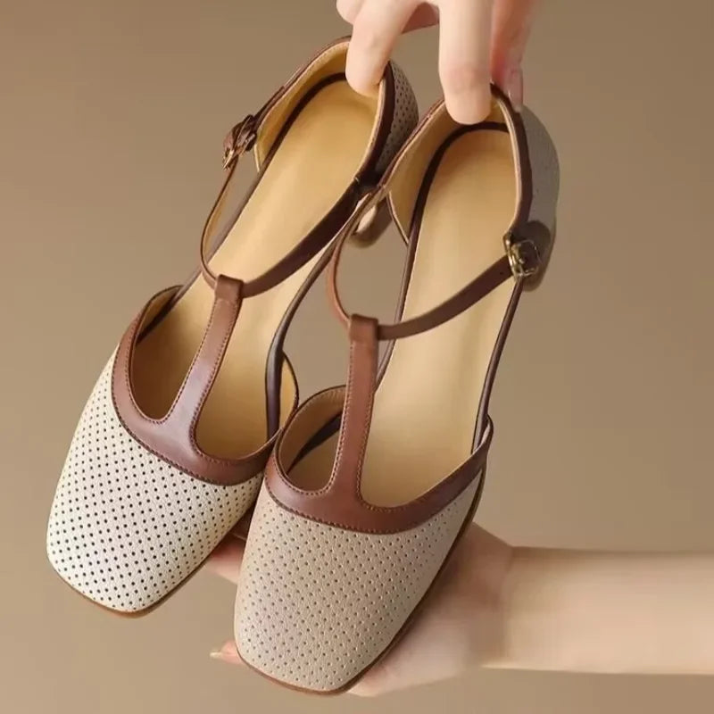 Women's T Strap Heels, Vintage Square Toe Block Heel Pumps