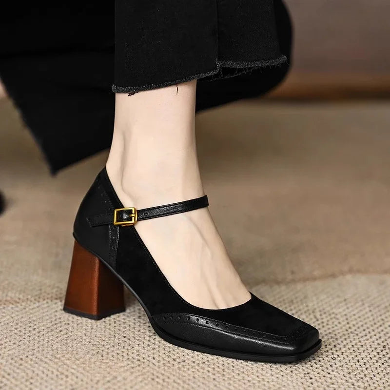Women's Oxford Heels, Brogue Ankle Strap Block Heels, Square Toe
