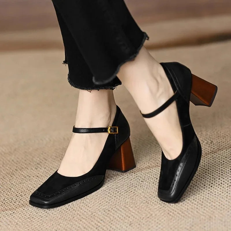 Women's Oxford Heels, Brogue Ankle Strap Block Heels, Square Toe