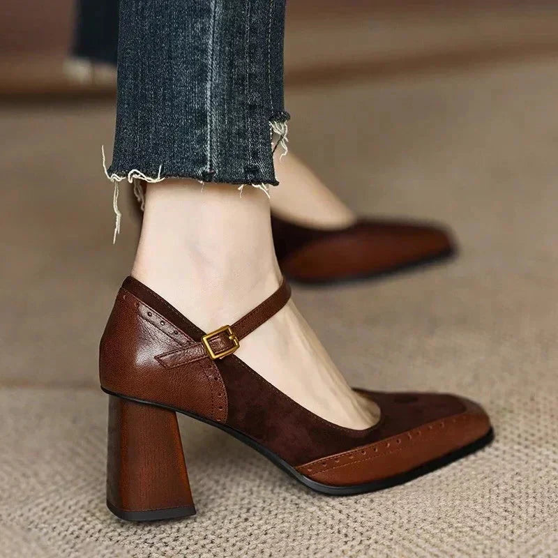 Women's Oxford Heels, Brogue Ankle Strap Block Heels, Square Toe