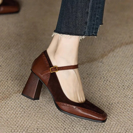 Women's Oxford Heels, Brogue Ankle Strap Block Heels, Square Toe