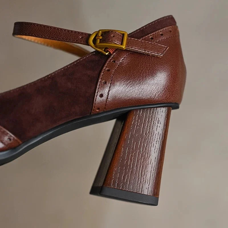 Women's Oxford Heels, Brogue Ankle Strap Block Heels, Square Toe