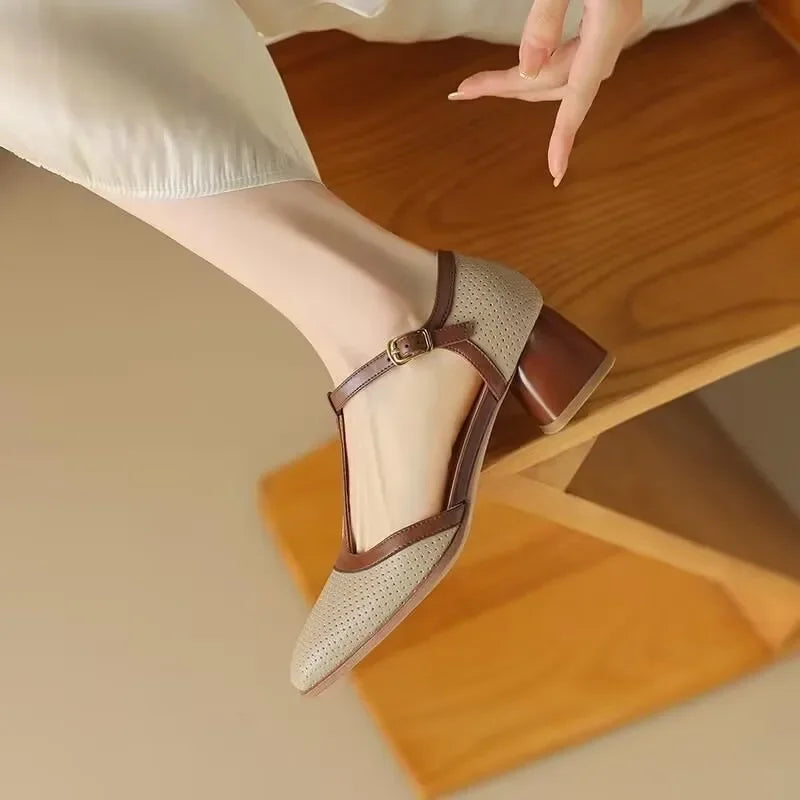 Women's T Strap Heels, Vintage Square Toe Block Heel Pumps