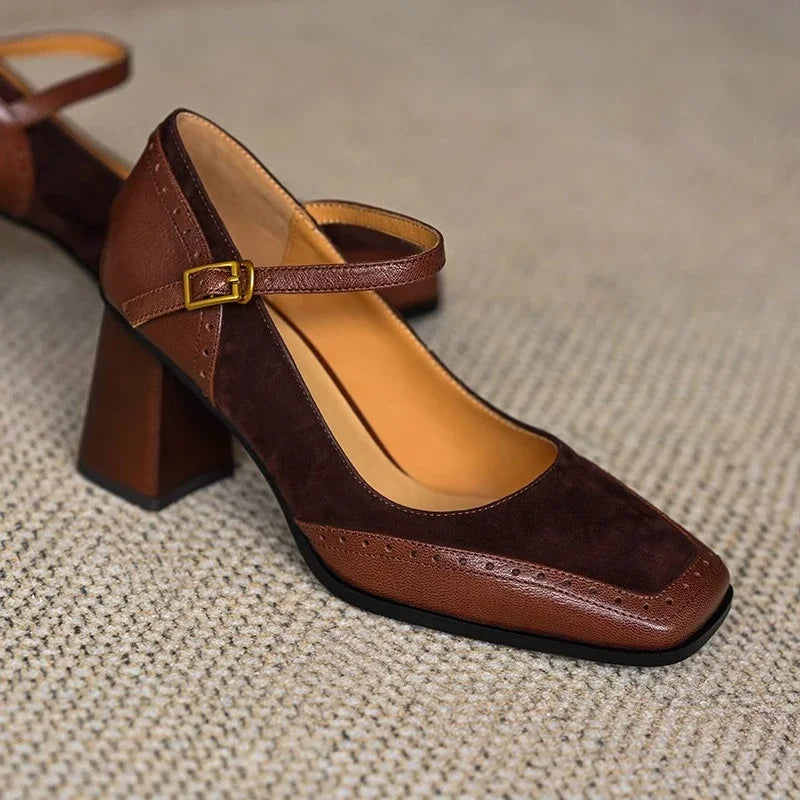 Women's Oxford Heels, Brogue Ankle Strap Block Heels, Square Toe