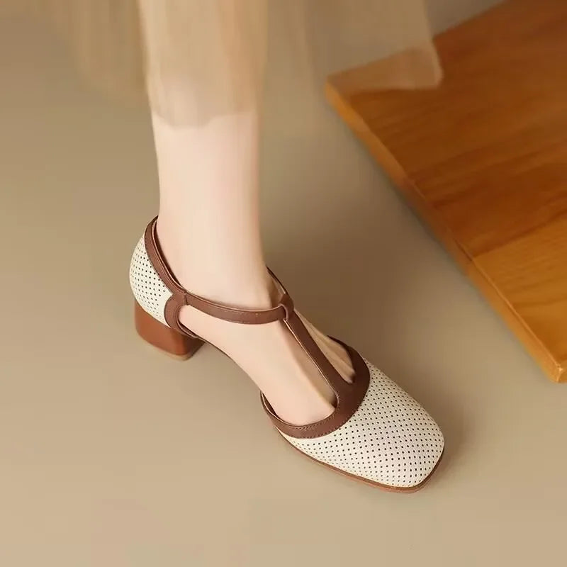 Women's T Strap Heels, Vintage Square Toe Block Heel Pumps