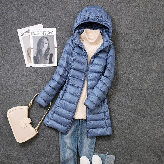 Long puffer coat for women in Blue