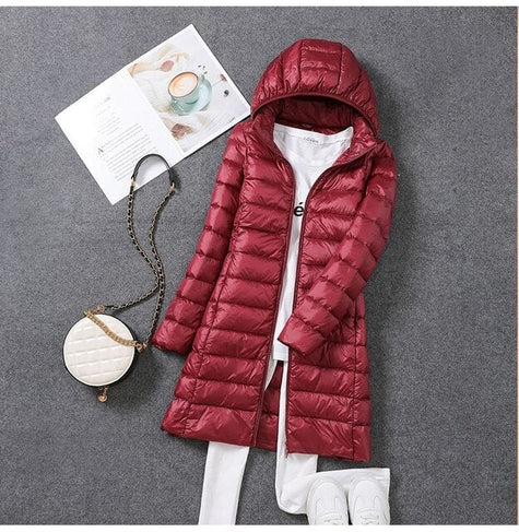 Long puffer coat for women in Wine Red