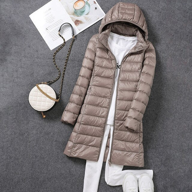 Long puffer coat for women in Khaki