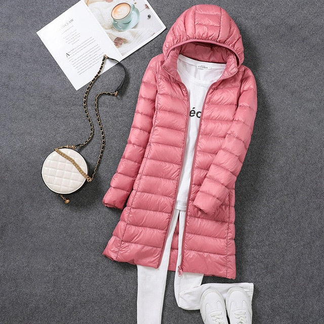 Long puffer coat for women in Pink
