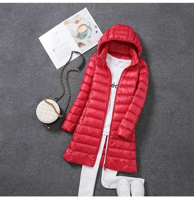 Long puffer coat for women in Red