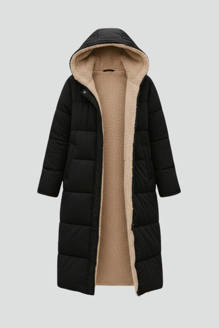 Long coat for women, quilted hooded zip up
