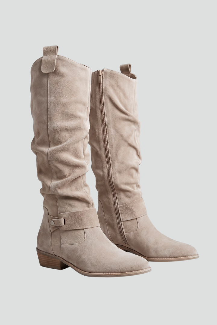 Knee high boots for women, faux suede low heel