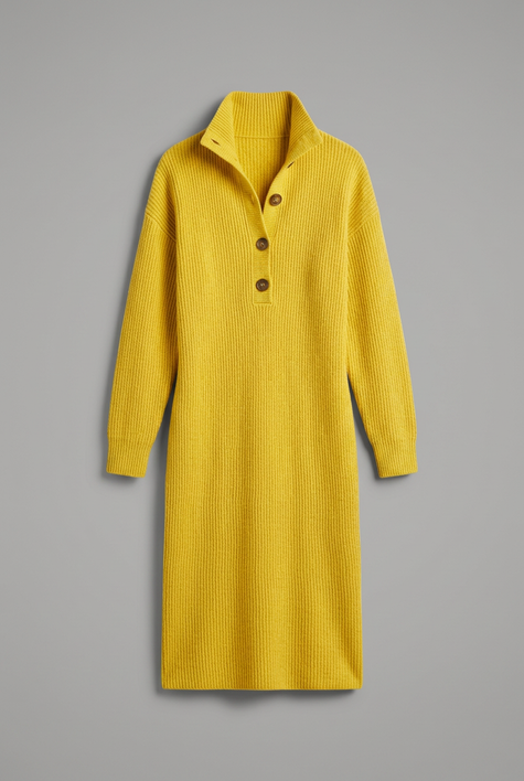 Sweater dress for women, ribbed high neck button placket
