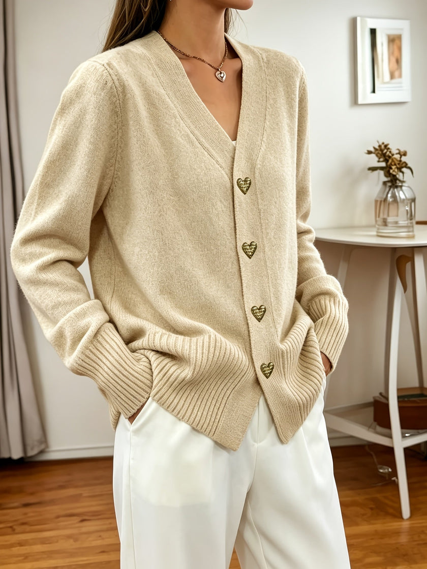 Women's V Neck Button Up Cardigan Sweater with Heart Buttons