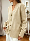 Women's V Neck Button Up Cardigan Sweater with Heart Buttons