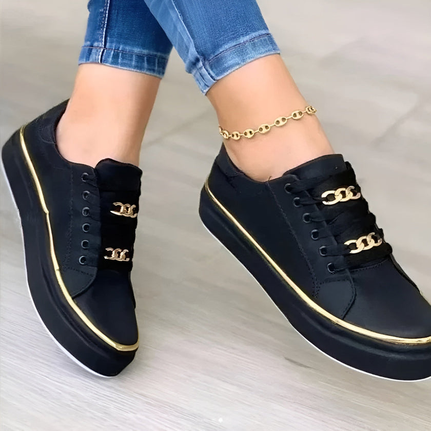 Women's White Platform Sneakers, Gold Chain Lace Up Fashion Sneakers