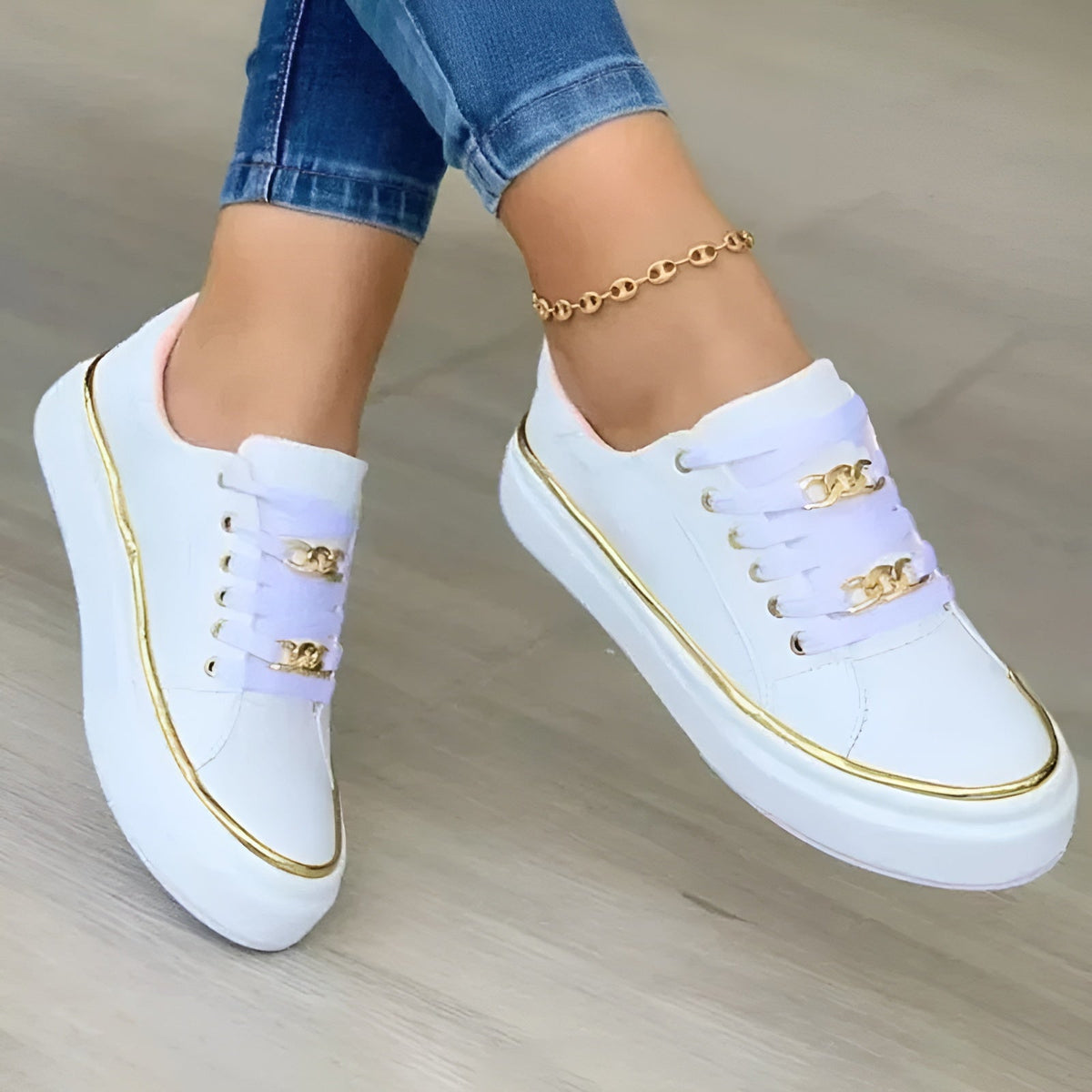 Women's White Platform Sneakers, Gold Chain Lace Up Fashion Sneakers