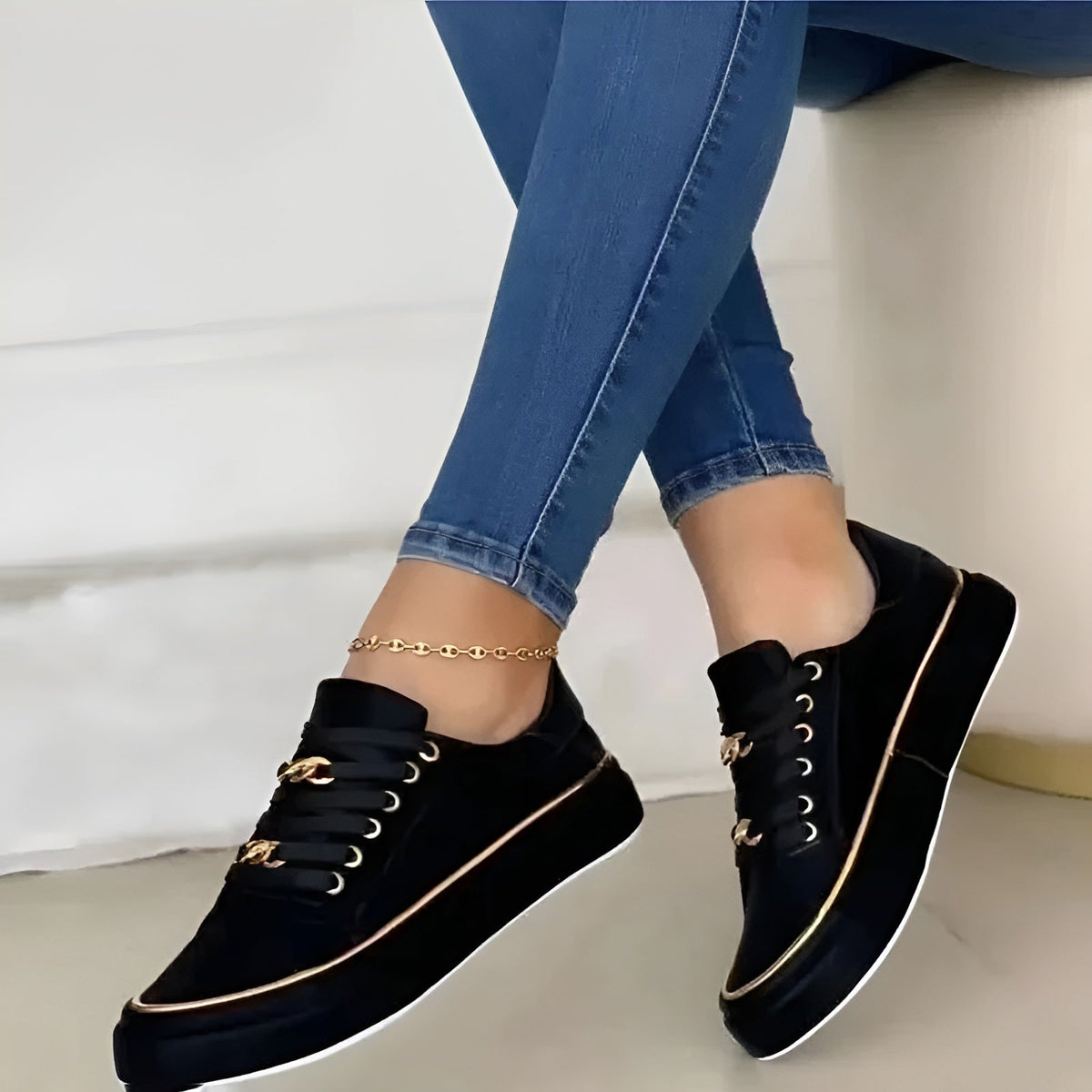 Women's White Platform Sneakers, Gold Chain Lace Up Fashion Sneakers