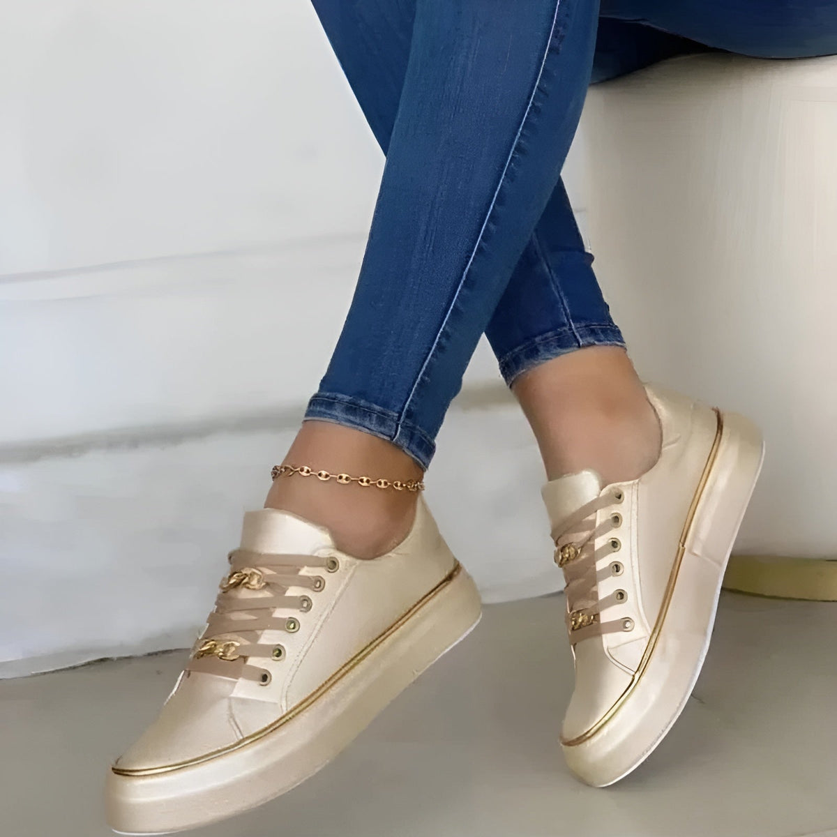 Women's White Platform Sneakers, Gold Chain Lace Up Fashion Sneakers