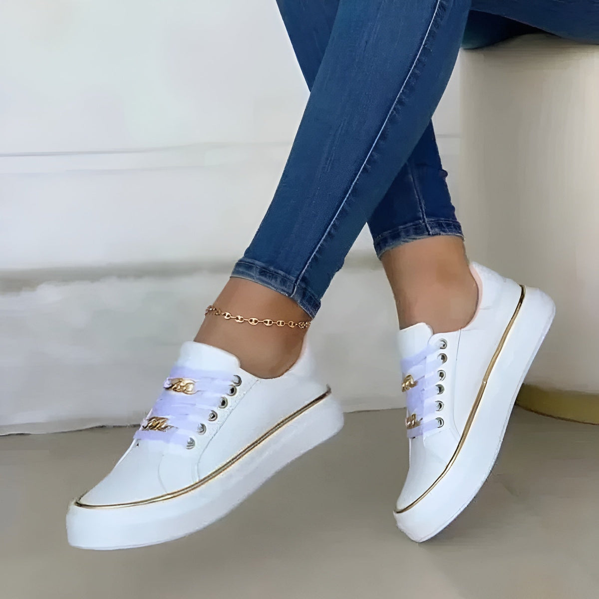 Women's White Platform Sneakers, Gold Chain Lace Up Fashion Sneakers