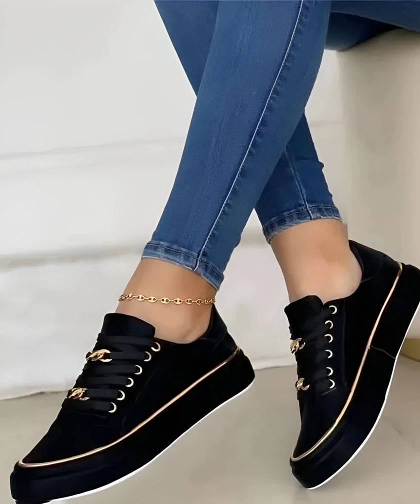 Women's White Platform Sneakers, Gold Chain Lace Up Fashion Sneakers