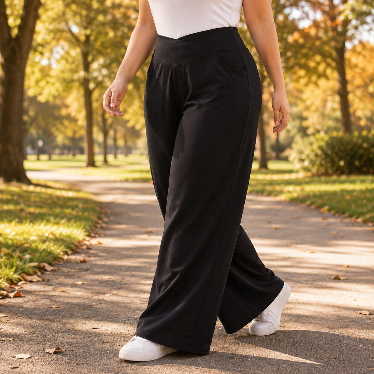 Plus size black wide leg pull on pants for women with crossover high waist