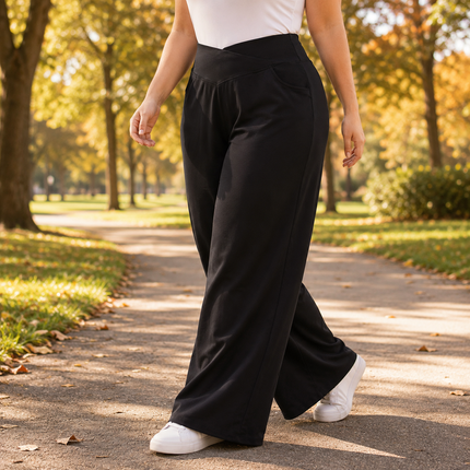 Plus size black wide leg pull on pants for women with crossover high waist