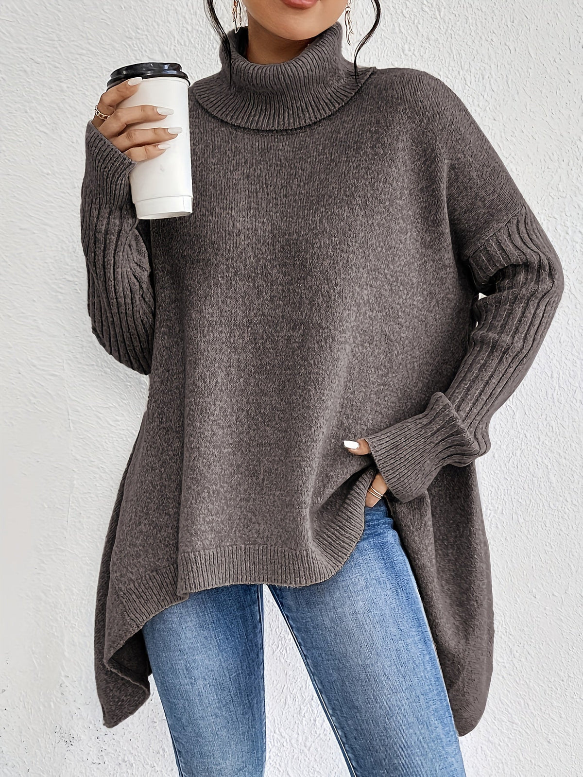 Women's Relaxed Turtleneck Sweater, Long High Neck Knit Pullover