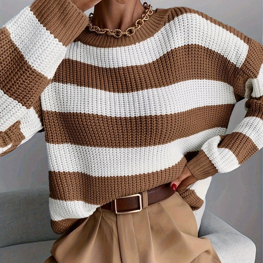 Women's Striped Sweater, Loose Fit Drop Shoulder Knit Pullover