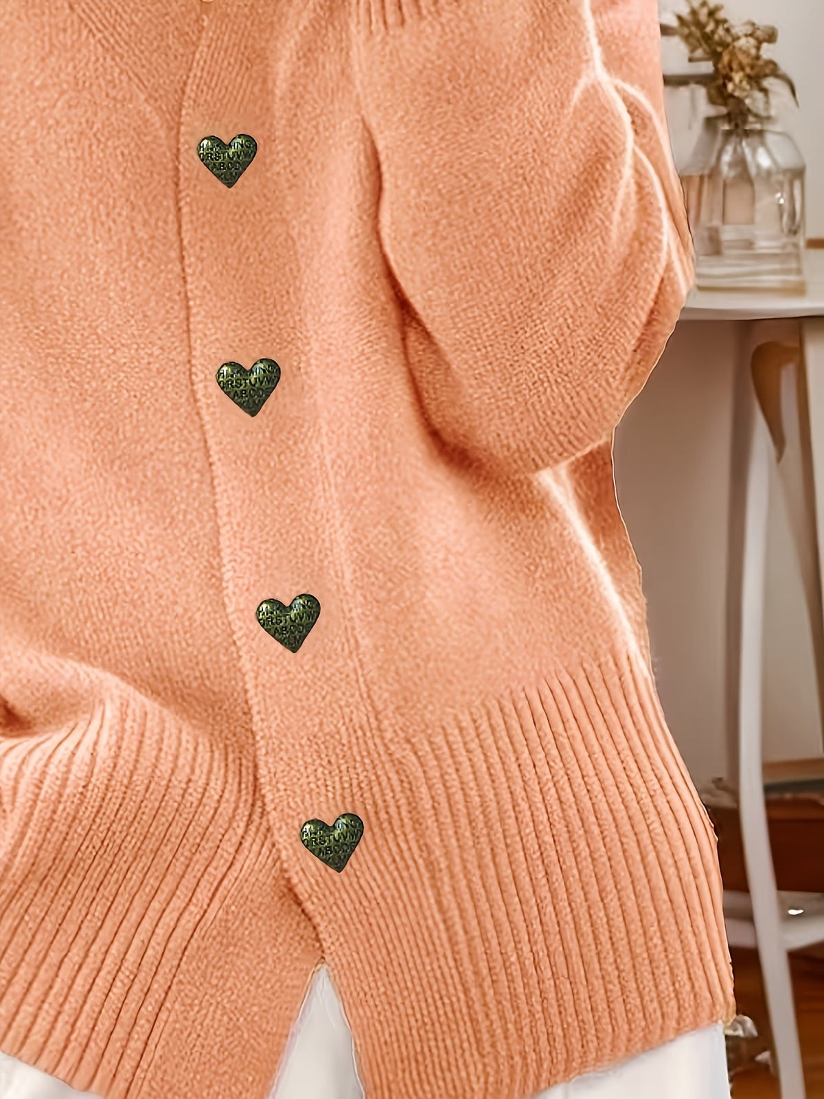 Women's V Neck Button Up Cardigan Sweater with Heart Buttons