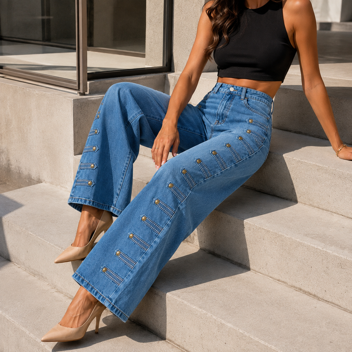 Women's Baggy Jeans, Y2K Distressed Wide Leg Denim, High Waisted