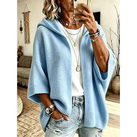 Cardigan sweater for women, hooded open front knit in Sky Blue