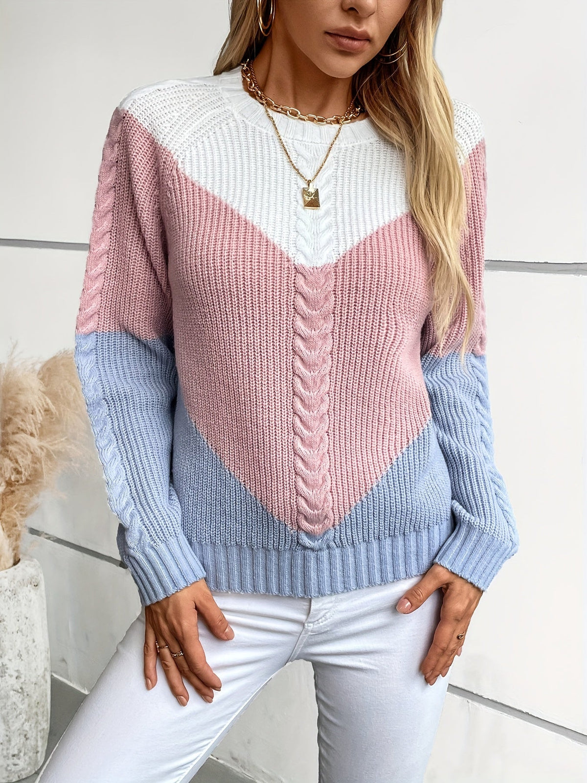 Women's Colorblock Sweater, Relaxed Crew Neck Two Tone Pullover