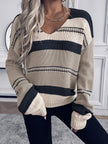 Women's V Neck Colorblock Striped Sweater, Relaxed Knit Pullover
