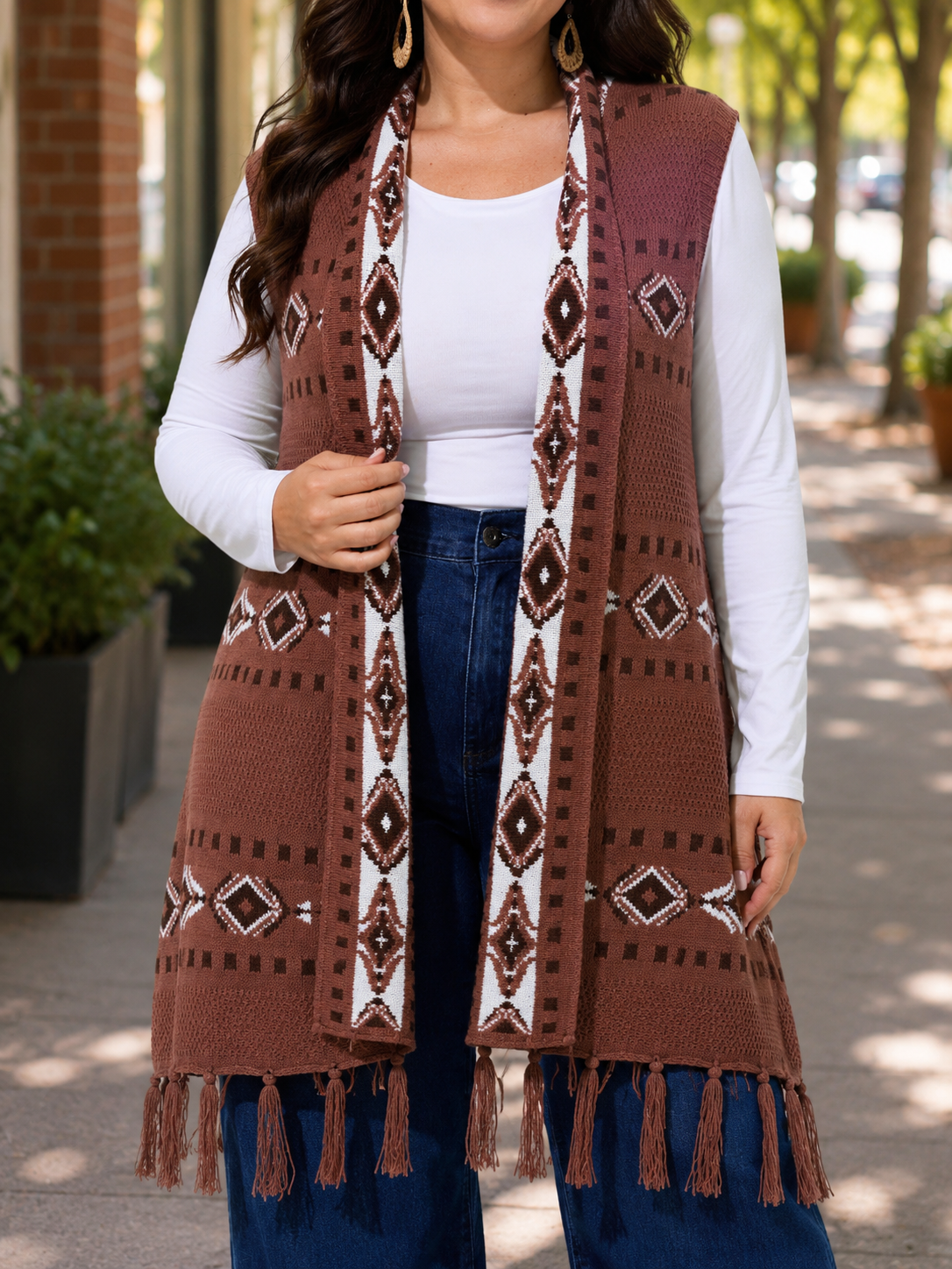 Women's Long Sweater Vest, Open Front Fringe Knit Vest, Plus Size