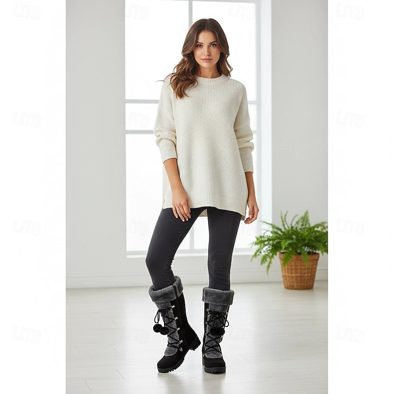 Winter snow boots for women, lace up fur cuff mid calf boots, view 8