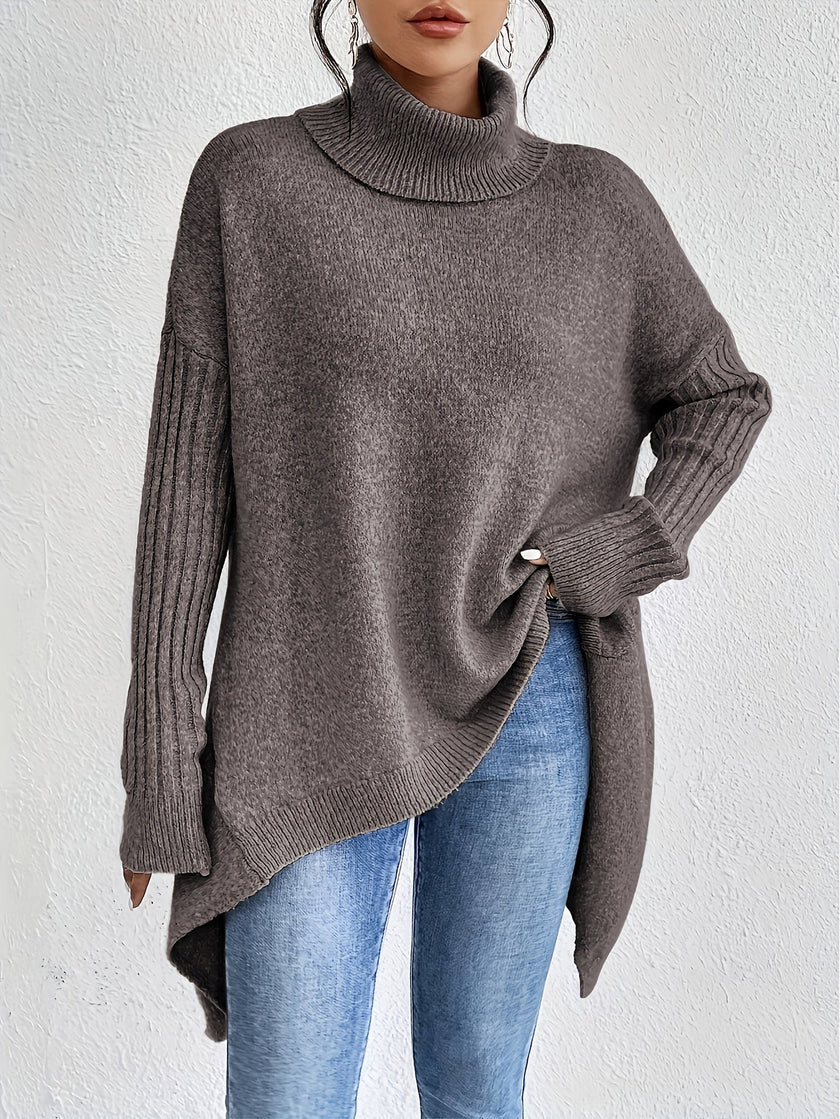 Women's Relaxed Turtleneck Sweater, Long High Neck Knit Pullover