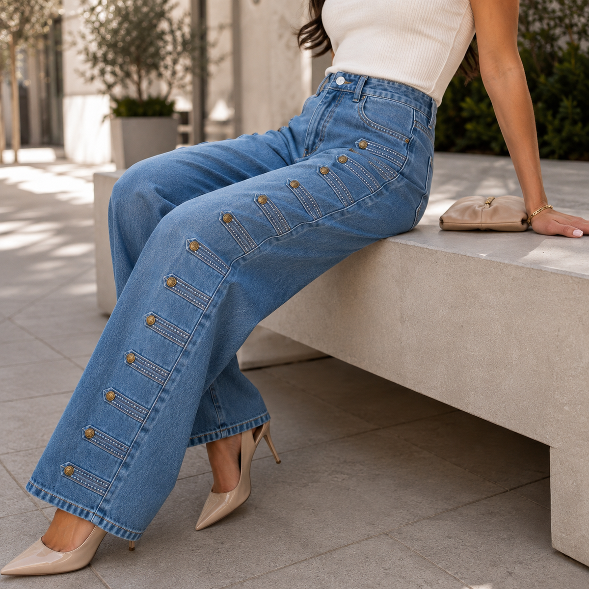 Baggy Y2K distressed wide leg jeans for women in blue denim