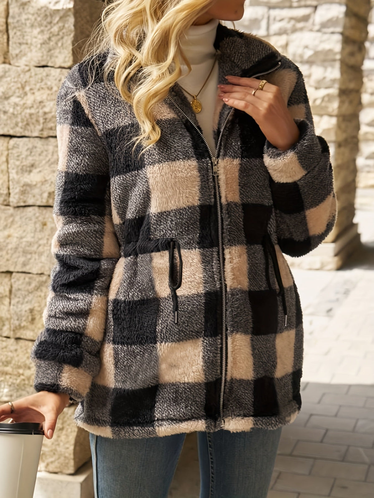 Women's Hooded Fleece Jacket, Plush Plaid Zip Up with Pockets