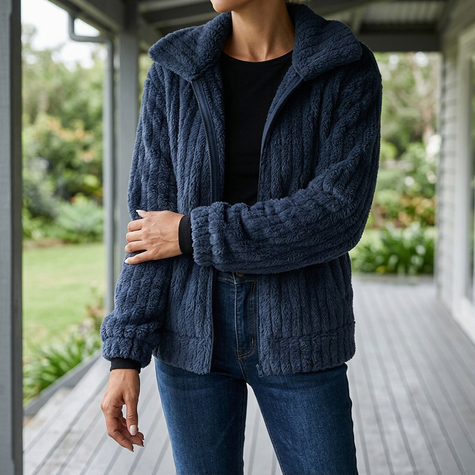 Fuzzy open front teddy cardigan for women in navy blue on a covered porch