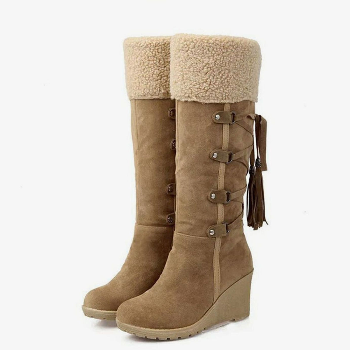 Wedge boots for women in Brown, knee high sherpa cuff