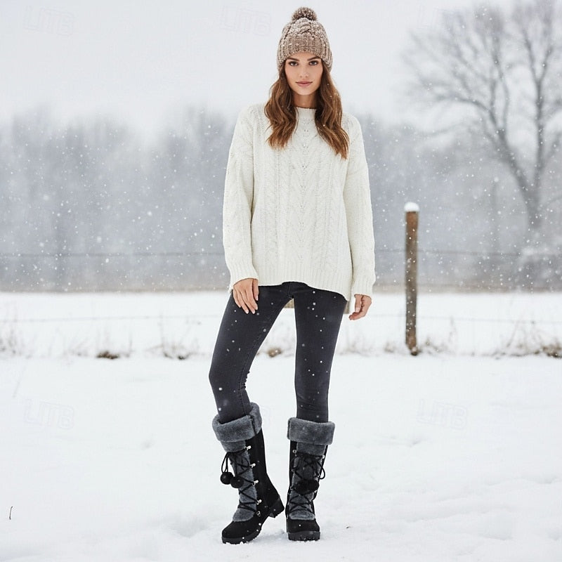 Winter snow boots for women, lace up fur cuff mid calf boots, view 7
