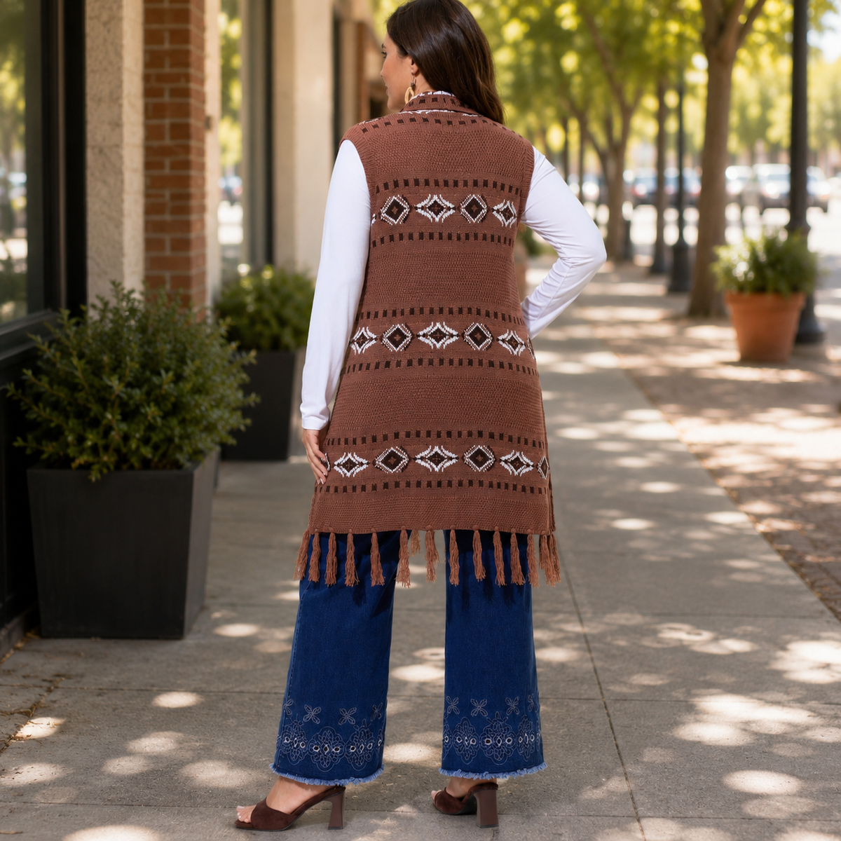 Women's Long Sweater Vest, Open Front Fringe Knit Vest, Plus Size