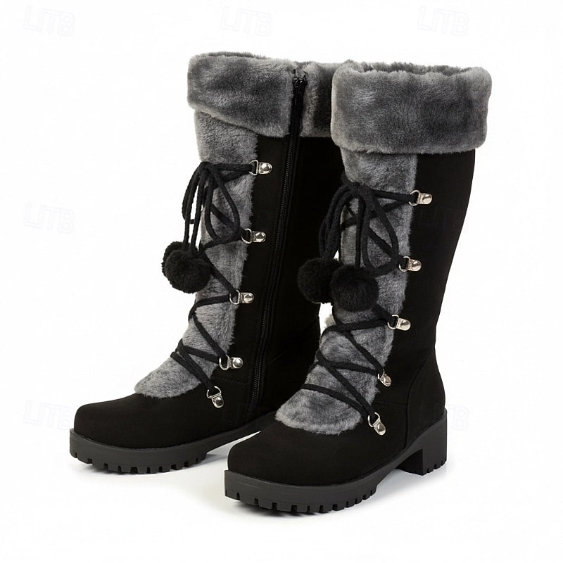 Winter snow boots for women, lace up fur cuff mid calf boots, view 5